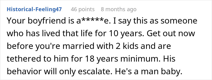 A user comment detailing how the boyfriend's behavior with the pan indicates a potential true crime story.