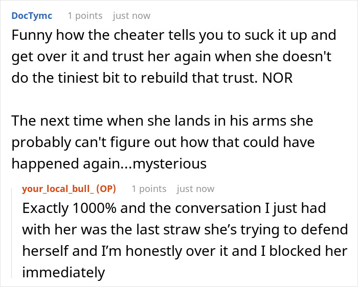 A screenshot of a forum discussion about a cheating wife's lack of effort to rebuild trust. A screenshot of a forum discussion about a cheating wife's lack of effort to rebuild trust.