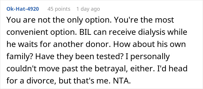 A Reddit comment suggesting alternatives to donating a kidney to BIL, and considering divorce. A Reddit comment suggesting alternatives to donating a kidney to BIL, and considering divorce.