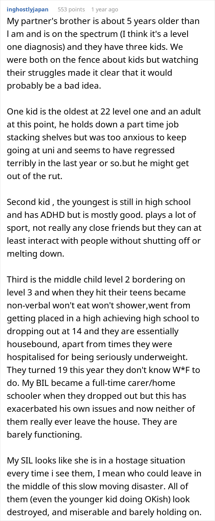 A detailed comment about the struggles of raising children on the autism spectrum, emphasizing the impact on a couple's decision about having kids. A detailed comment about the struggles of raising children on the autism spectrum, emphasizing the impact on a couple's decision about having kids.