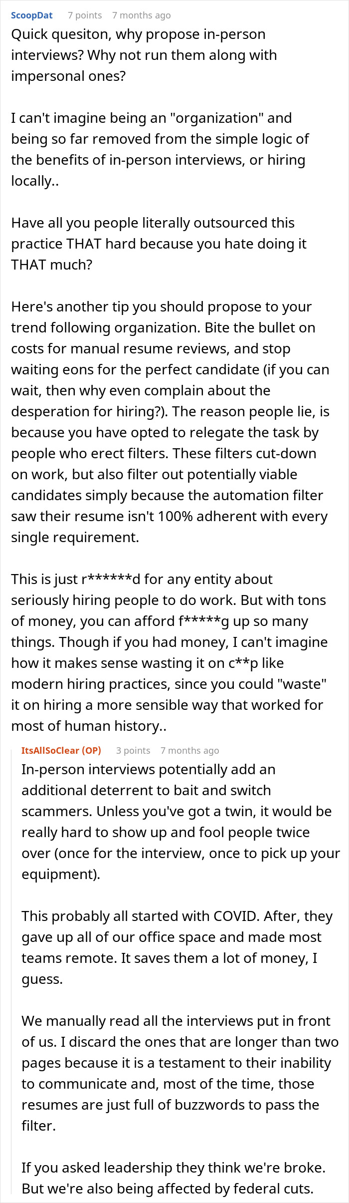 A software engineer details hiring scam prevention, suggesting in-person interviews and discussing remote work and federal cuts.