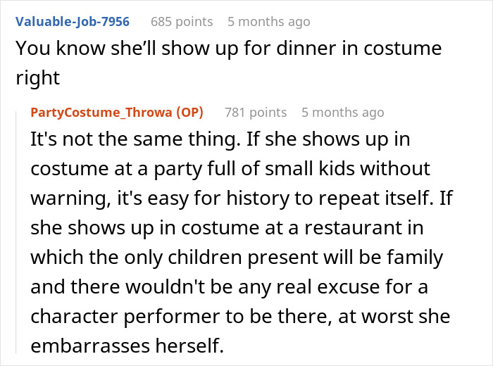 Stepmom banned from future parties due to K-Pop character costume at kid's birthday celebration. Stepmom banned from future parties due to K-Pop character costume at kid's birthday celebration.