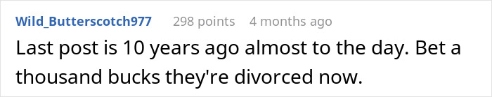 A comment on a post about a guy with cancer and his postpartum wife, speculating they are divorced after 10 years.