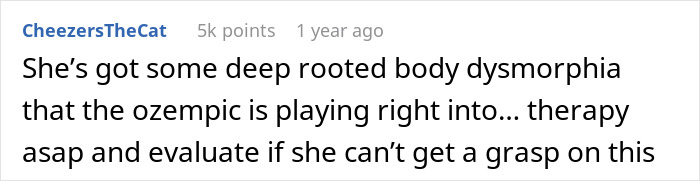 A comment discussing a woman's body dysmorphia and Ozempic use, linking to the struggle for a perfect body and weight loss.