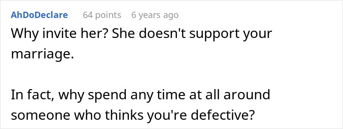 A screenshot of a Reddit comment criticizing the future mother-in-law for calling the woman defective and not supporting marriage.
