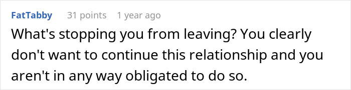 A user comment asking what stops someone from leaving a relationship, concerning a woman's perfect body pursuit.