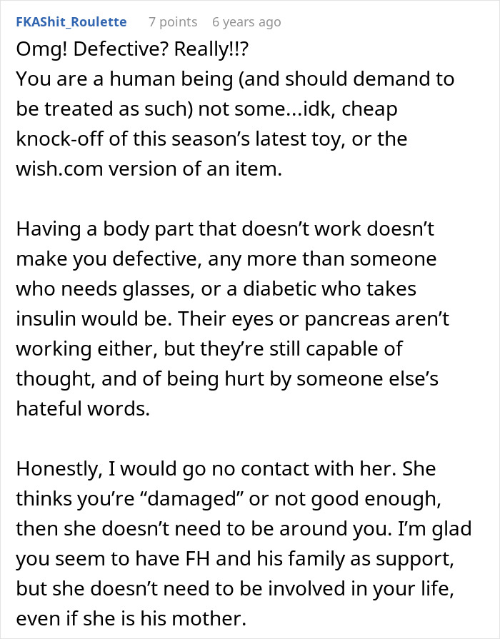Screenshot of a Reddit comment refuting the idea of a woman being defective due to a future mother-in-law's judgment.