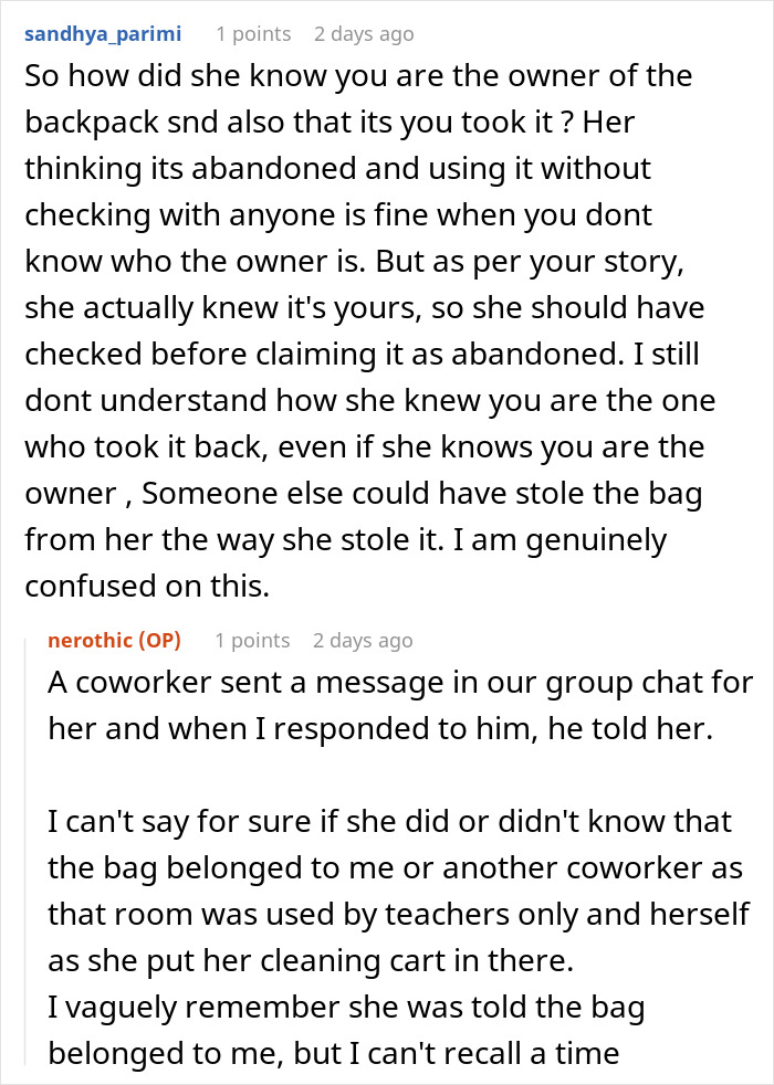 Cleaner Helps Herself To Teacher&rsquo;s Lost Backpack, Gets Mad When The Owner Helps Herself To It Too