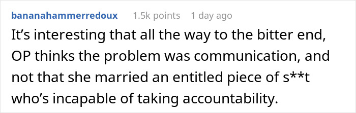 A screenshot of a Reddit comment discussing a husband's lack of accountability in an affair. A screenshot of a Reddit comment discussing a husband's lack of accountability in an affair.