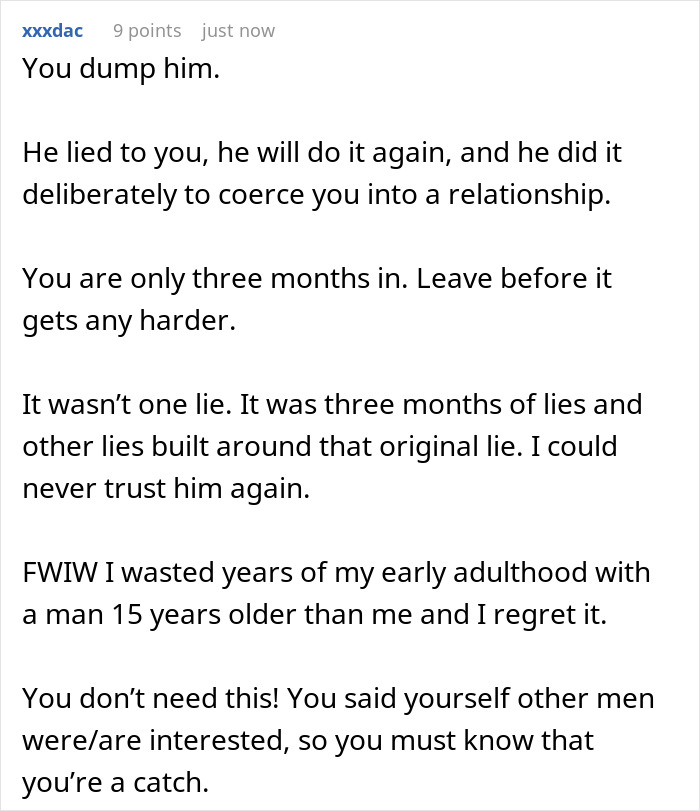 A screenshot displaying advice for a girlfriend who is confused after learning her boyfriend lied about his age. A screenshot displaying advice for a girlfriend who is confused after learning her boyfriend lied about his age.
