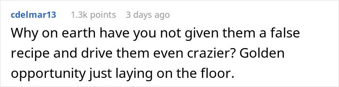 Online comment suggesting a false recipe for brownies as payback for mean teammates. Online comment suggesting a false recipe for brownies as payback for mean teammates.