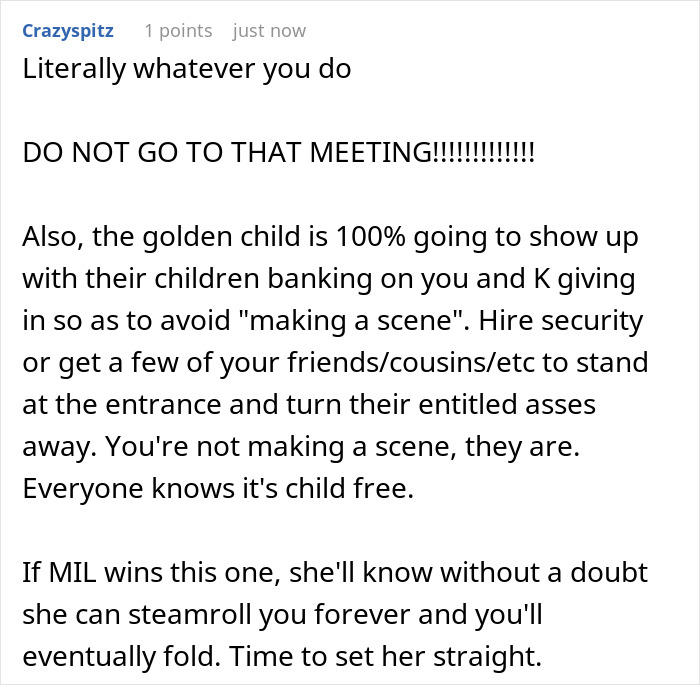 A screenshot of a Reddit comment advising on handling a MIL and a childfree wedding amidst a family feud about kids. A screenshot of a Reddit comment advising on handling a MIL and a childfree wedding amidst a family feud about kids.