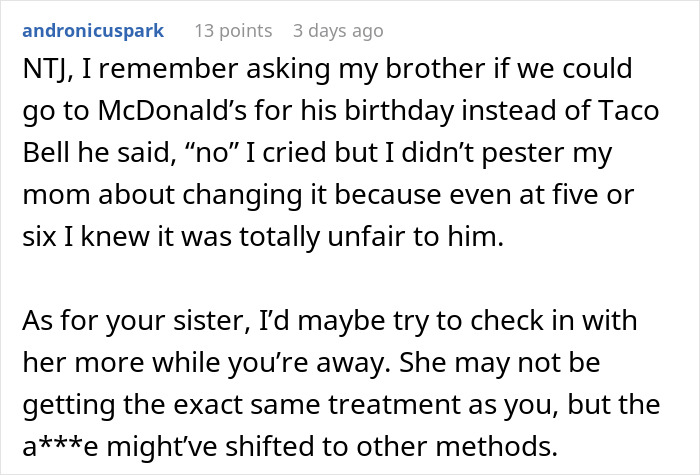 A screenshot of a comment about a woman's birthday dinner and her teen sister, giving advice to check in on the sister.