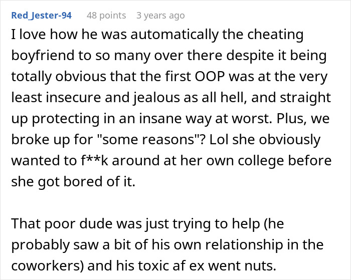 A screenshot displays a user comment about a cheating ex, questioning the ex's motives and relationship issues.