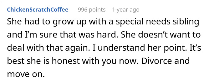 A comment about a wife changing her mind about having kids after an autism diagnosis, suggesting divorce. A comment about a wife changing her mind about having kids after an autism diagnosis, suggesting divorce.