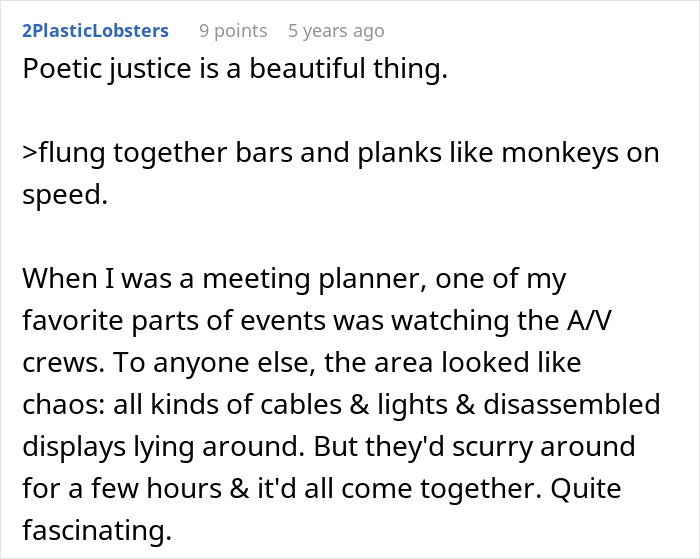 Annoying driver parking war: A comment about poetic justice after a parking war, mentioning AV crews.
