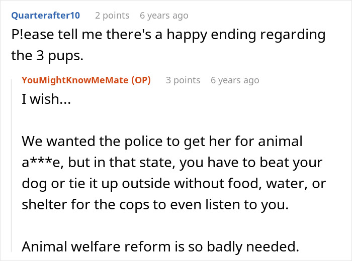A screenshot of comments discussing animal a***e and a woman dealing with a nightmare neighbor.
