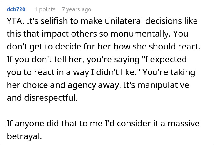 A Reddit comment explaining why a husband hiding sad news from his wife after a trip of a lifetime is selfish. A Reddit comment explaining why a husband hiding sad news from his wife after a trip of a lifetime is selfish.