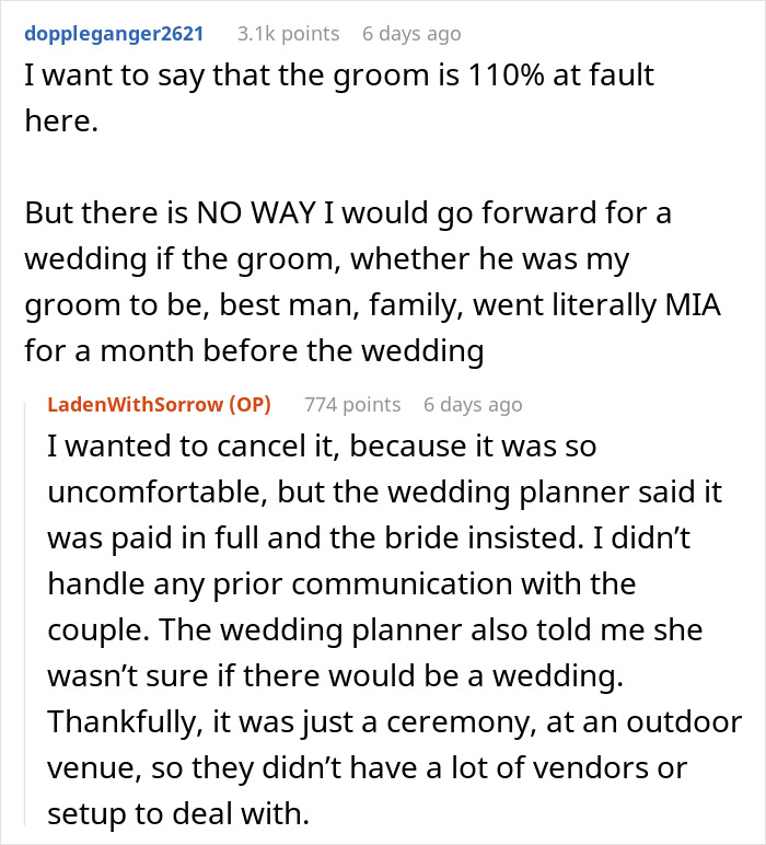 A comment section discusses a wedding where the groom vanished before the big day, then arrived drunk. A comment section discusses a wedding where the groom vanished before the big day, then arrived drunk.