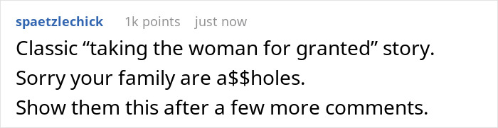 Reddit comment calling it a classic 'taking the woman for granted' story regarding 27YO mom's B-day. Reddit comment calling it a classic 'taking the woman for granted' story regarding 27YO mom's B-day.