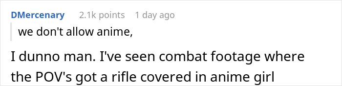 Airsoft Leader: Reddit comment discussing anime on rifles, related to the dress code for women. Airsoft Leader: Reddit comment discussing anime on rifles, related to the dress code for women.