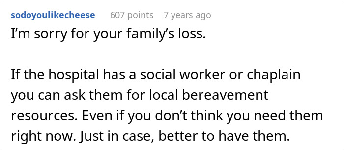 A comment offering bereavement resources for the family's loss after a crazy MIL's passing from a potion.