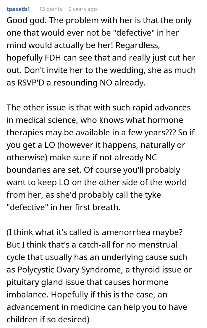 Screenshot of a Reddit comment discussing a future mother-in-law calling a woman defective and trying to stop her son from marrying her.