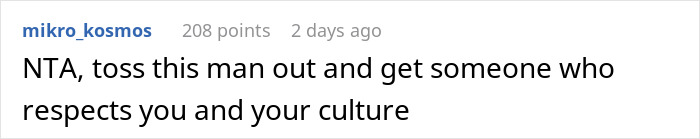 A Reddit comment saying, NTA, toss this man out and get someone who respects you and your culture, regarding chopstick etiquette. A Reddit comment saying, NTA, toss this man out and get someone who respects you and your culture, regarding chopstick etiquette.