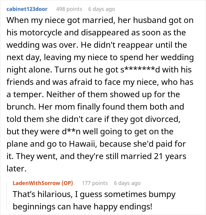 A Reddit comment details a groom disappearing after his wedding, arriving drunk, and getting married anyway. A Reddit comment details a groom disappearing after his wedding, arriving drunk, and getting married anyway.
