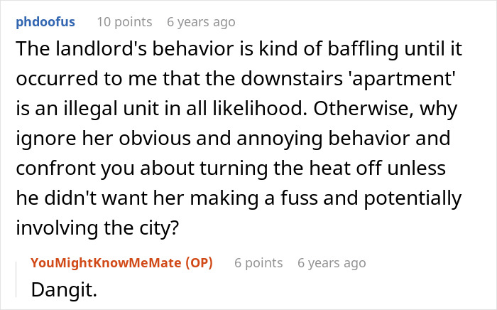 A screenshot showing comments about a nightmare neighbor, discussing a landlord's baffling behavior regarding an illegal apartment unit.