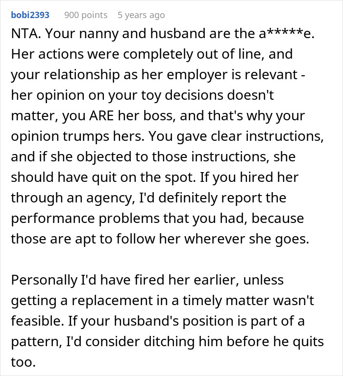 A comment supporting the mom employer in the nanny boundaries situation, highlighting the nanny's actions were out of line.