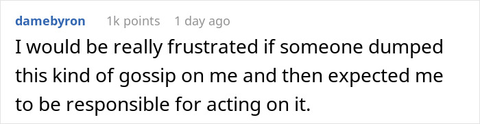 A Reddit user's comment expressing frustration about being responsible for acting on gossip about a cheating girlfriend.