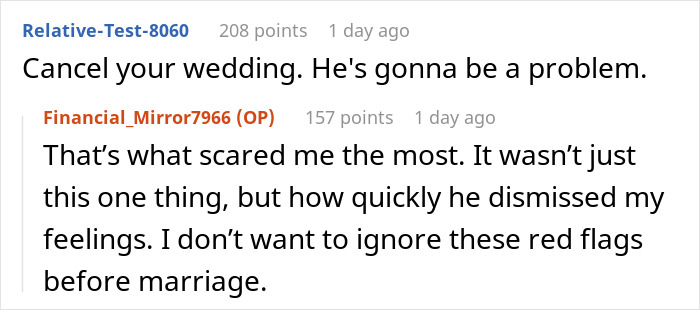 Screenshot of online comments advising a woman to cancel her wedding to avoid a huge mistake.