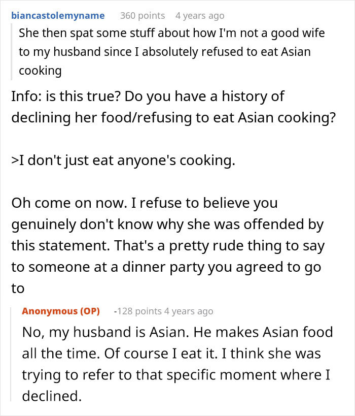 A woman refuses to eat at MIL's home. A comment section discussing declining Asian cooking.
