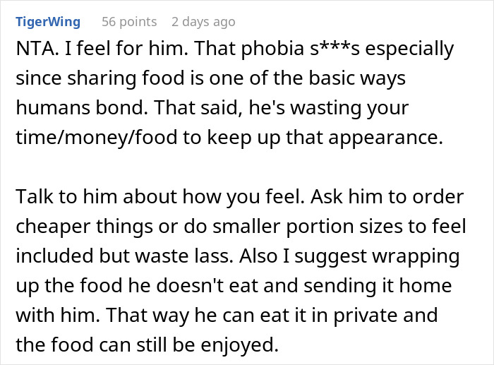 Mom discusses BF's dinner table habit of wasting food due to phobia; suggests smaller portions or taking leftovers home. Mom discusses BF's dinner table habit of wasting food due to phobia; suggests smaller portions or taking leftovers home.