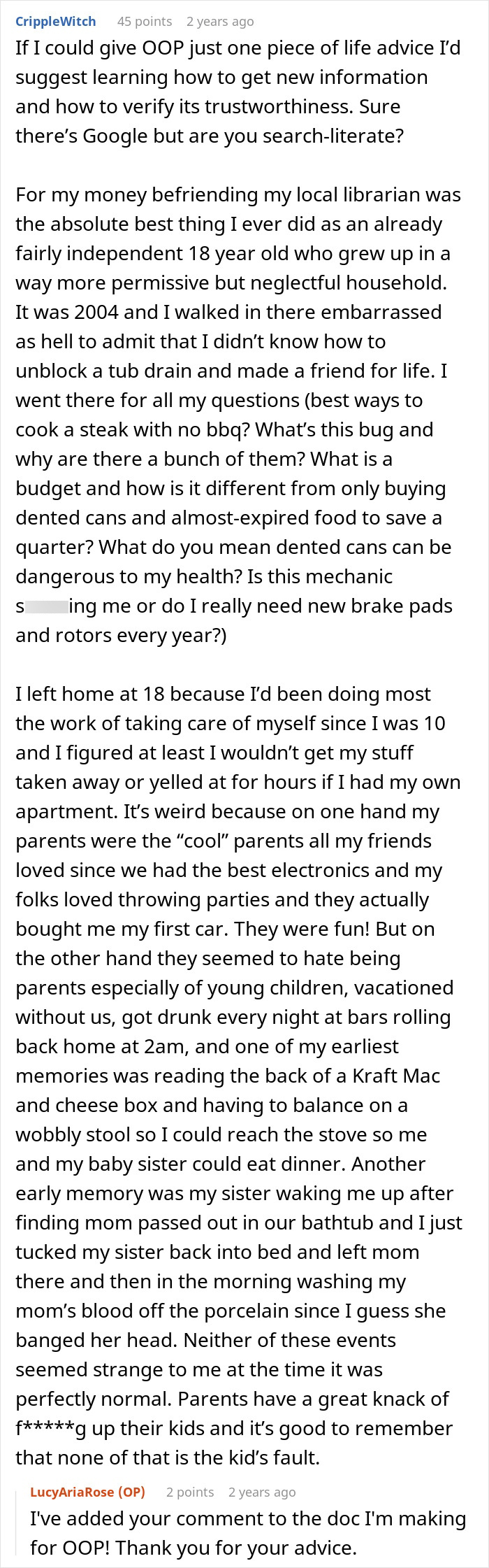 A screenshot of a long comment giving life advice to a teen escaping a controlling mom, focusing on self-care and trust. A screenshot of a long comment giving life advice to a teen escaping a controlling mom, focusing on self-care and trust.