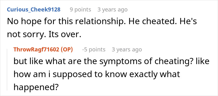 An online comment from a user saying, 'No hope for this relationship. He cheated. He's not sorry. Its over.'