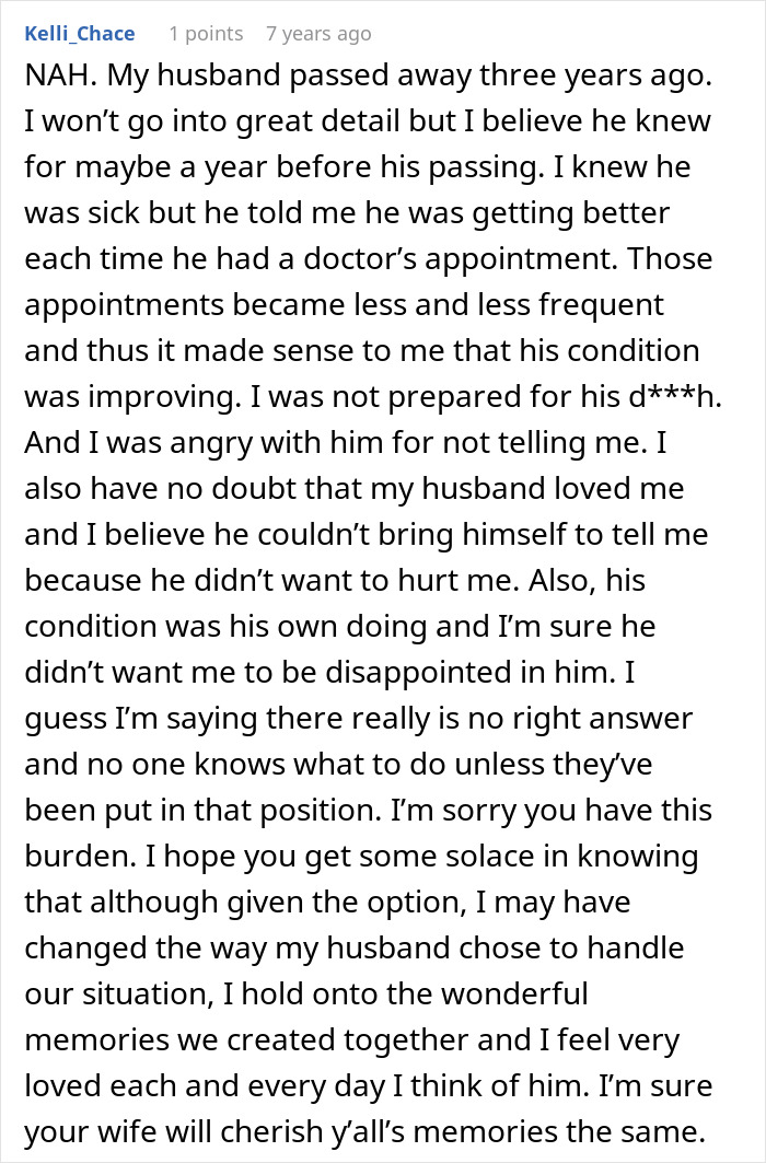 A Reddit comment from a user sharing their experience of losing a husband and regretting not knowing his sad news. A Reddit comment from a user sharing their experience of losing a husband and regretting not knowing his sad news.