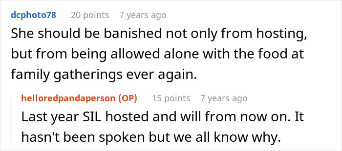 A Reddit comment section discussing a MIL who put essential oils in Thanksgiving holiday dishes, with a user suggesting she be banned from hosting. A Reddit comment section discussing a MIL who put essential oils in Thanksgiving holiday dishes, with a user suggesting she be banned from hosting.