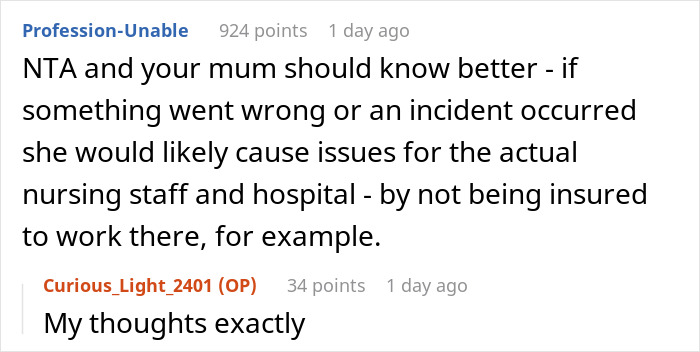 A screenshot of a reddit comment discussing a mom's nurse mode and fit during DIL's delivery.