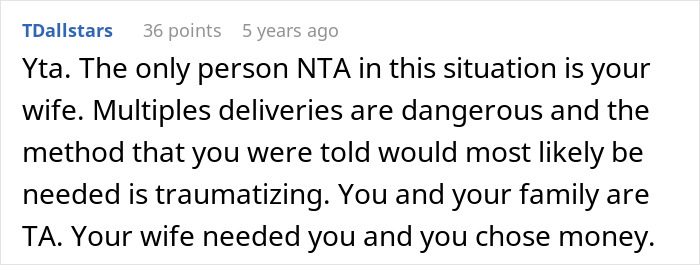 A comment saying Yta, your wife needed you and you chose money, discussing a husband during labor. A comment saying Yta, your wife needed you and you chose money, discussing a husband during labor.