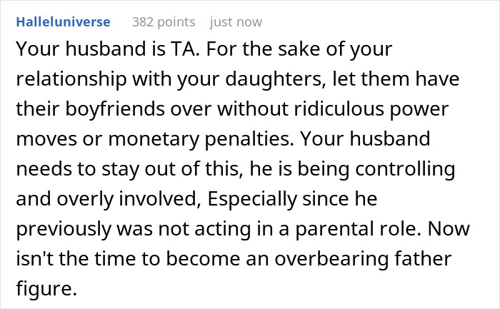 A screenshot of a Reddit comment, stating the woman's husband is TA for trying to charge her daughter's boyfriend rent. A screenshot of a Reddit comment, stating the woman's husband is TA for trying to charge her daughter's boyfriend rent.