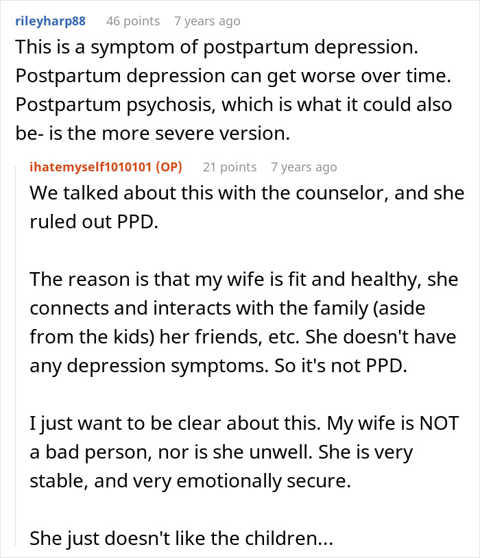 A screenshot of Reddit comments discussing postpartum depression and the wife's feelings after being pressured to have children.