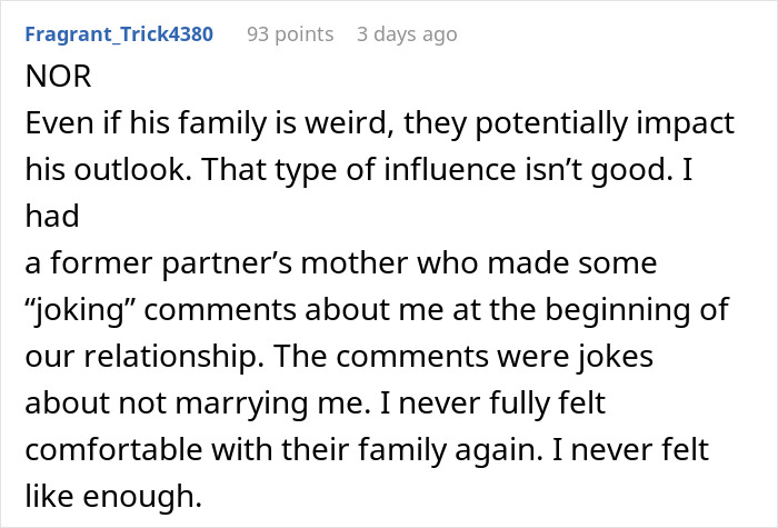 A comment discussing family influence and past relationship experiences for a woman rethinking her engagement.