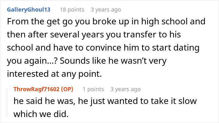 A screenshot of a Reddit comment from GalleryGhoul13, discussing the cheating ex relationship history.