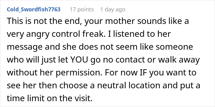 A Reddit comment advising on dealing with a delusional mom who threatens to sue her daughter over a dog. A Reddit comment advising on dealing with a delusional mom who threatens to sue her daughter over a dog.