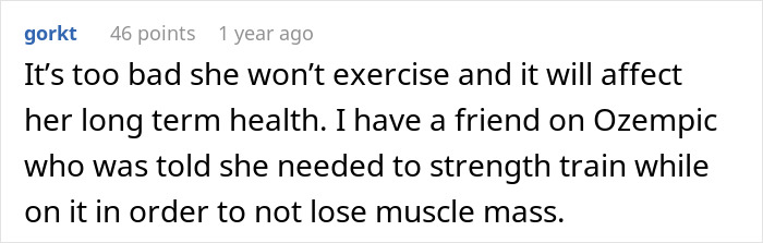 A comment about a woman losing weight and muscle mass due to Ozempic, impacting her perfect body.