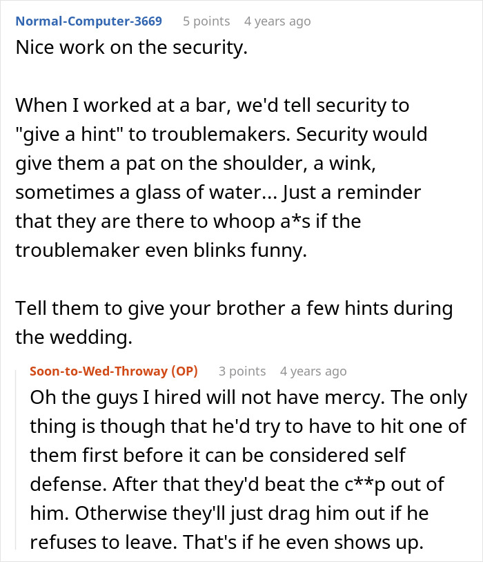A screenshot of a Reddit comment about security measures for dealing with the entitled man at the brother's wedding.