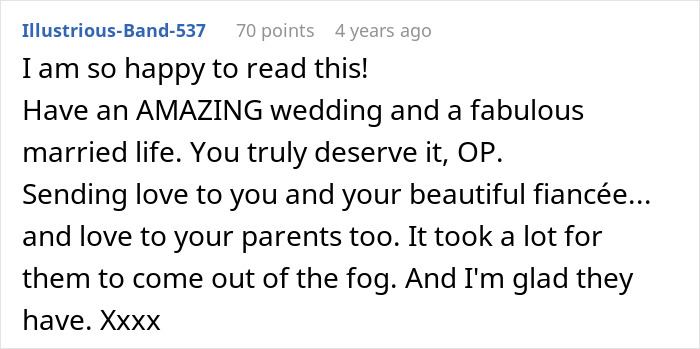 A user expresses happiness and wishes an amazing wedding and married life to the original poster after the proposal drama.