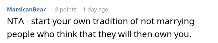 A comment from MarsicanBear advising the girlfriend to not marry a man who thinks he can own her.